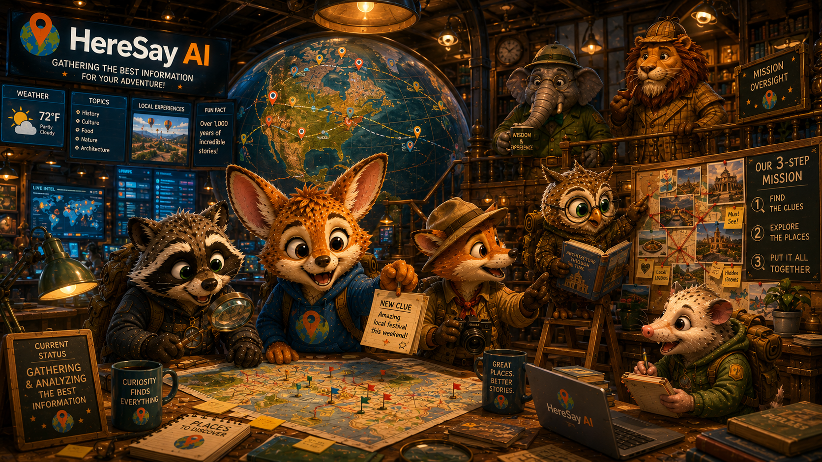 Scout and fellow Explorers gathered around a map at mission control